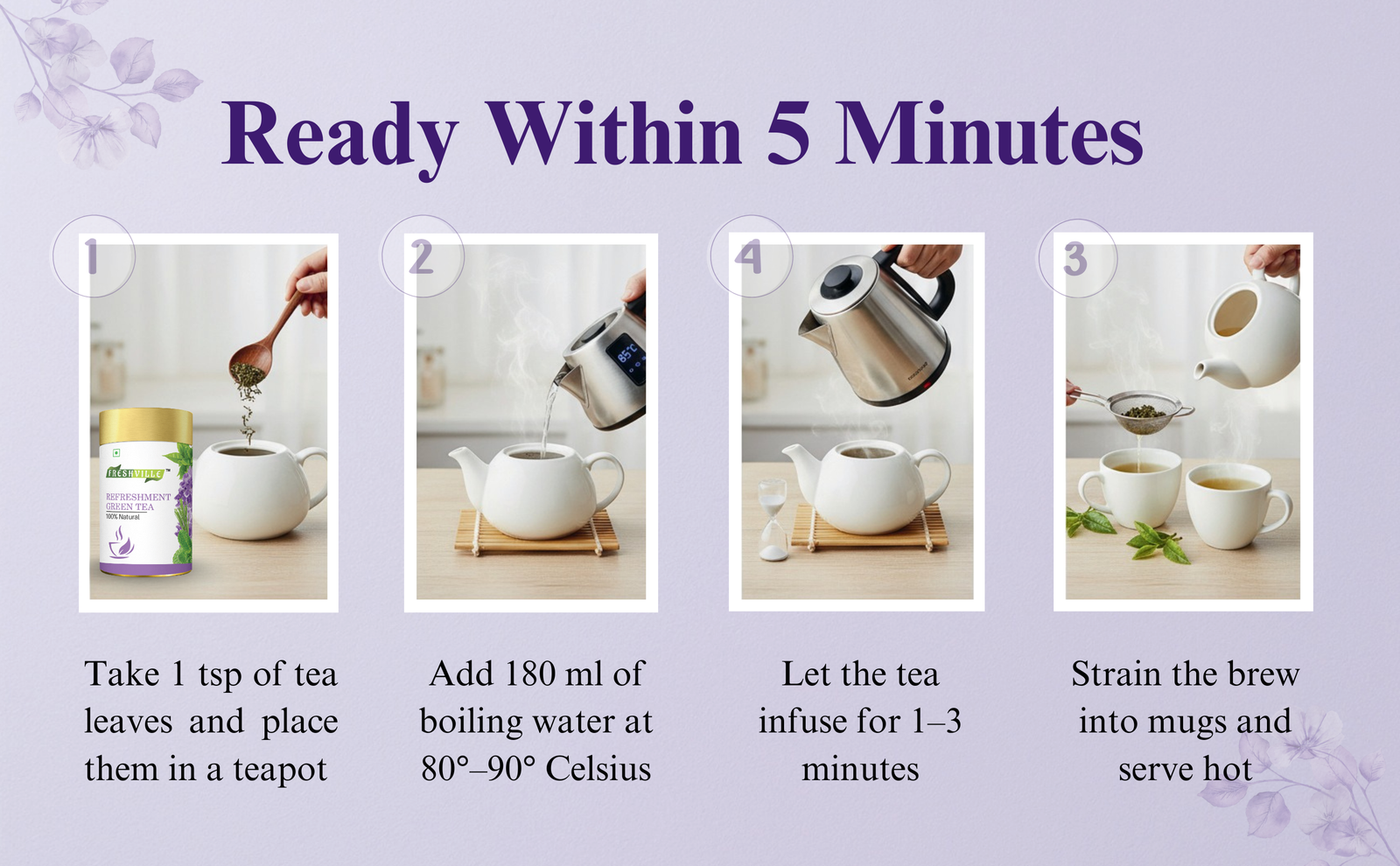 Freshville Refreshment Green Tea| Antioxidant, Stress Relief & Good Sleep | Peppermint, Lemon, Lemongrass, Green Tea, Lavender, 100gm