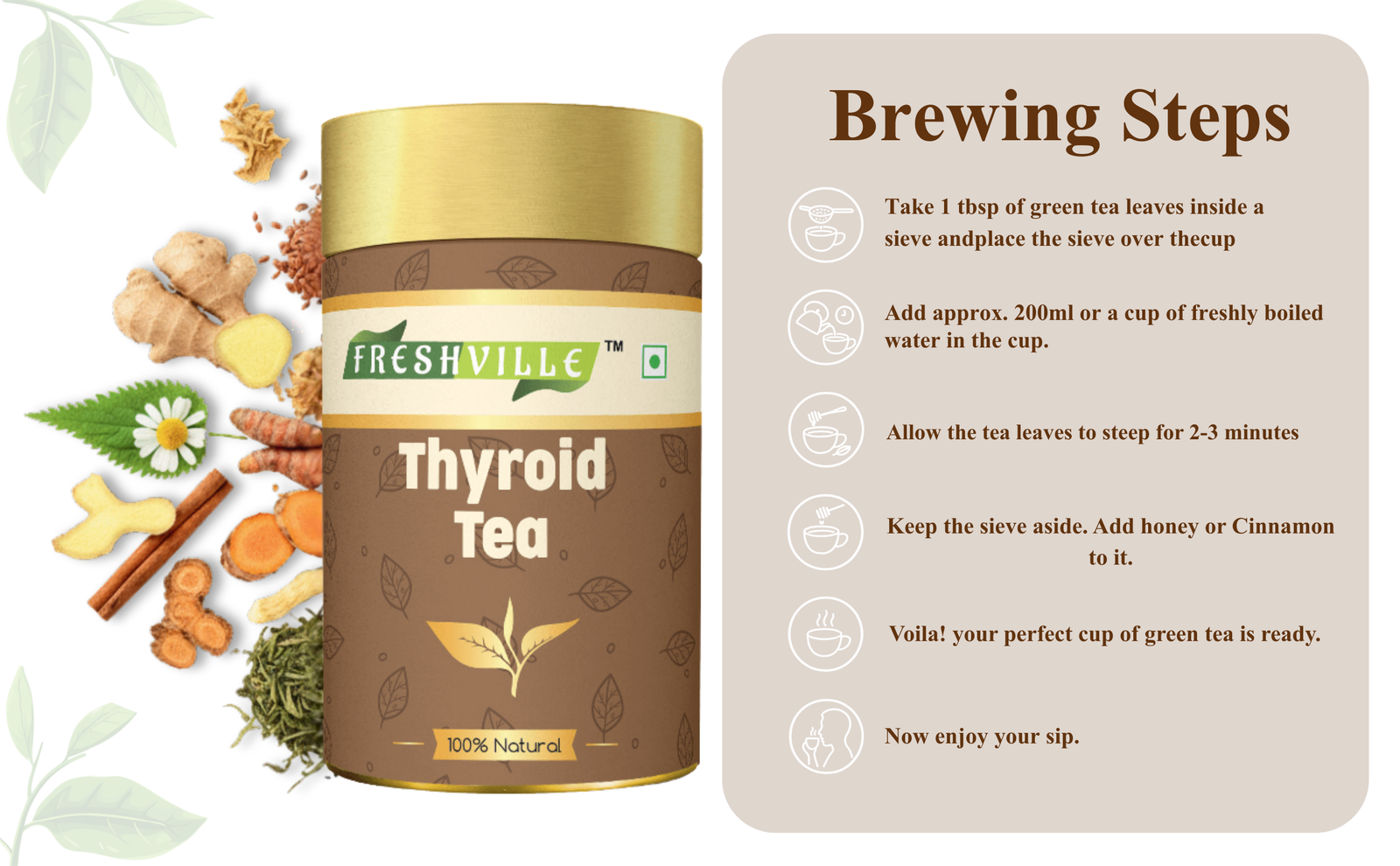 Freshville Thyroid Tea | Helps With Thyroid Support (Tsh T3 T4) | Ashwagandha, Turmeric, Liquorice, Nittle, Cinnamon, Ginger, Chamomile, Flax Seed, 45 Day