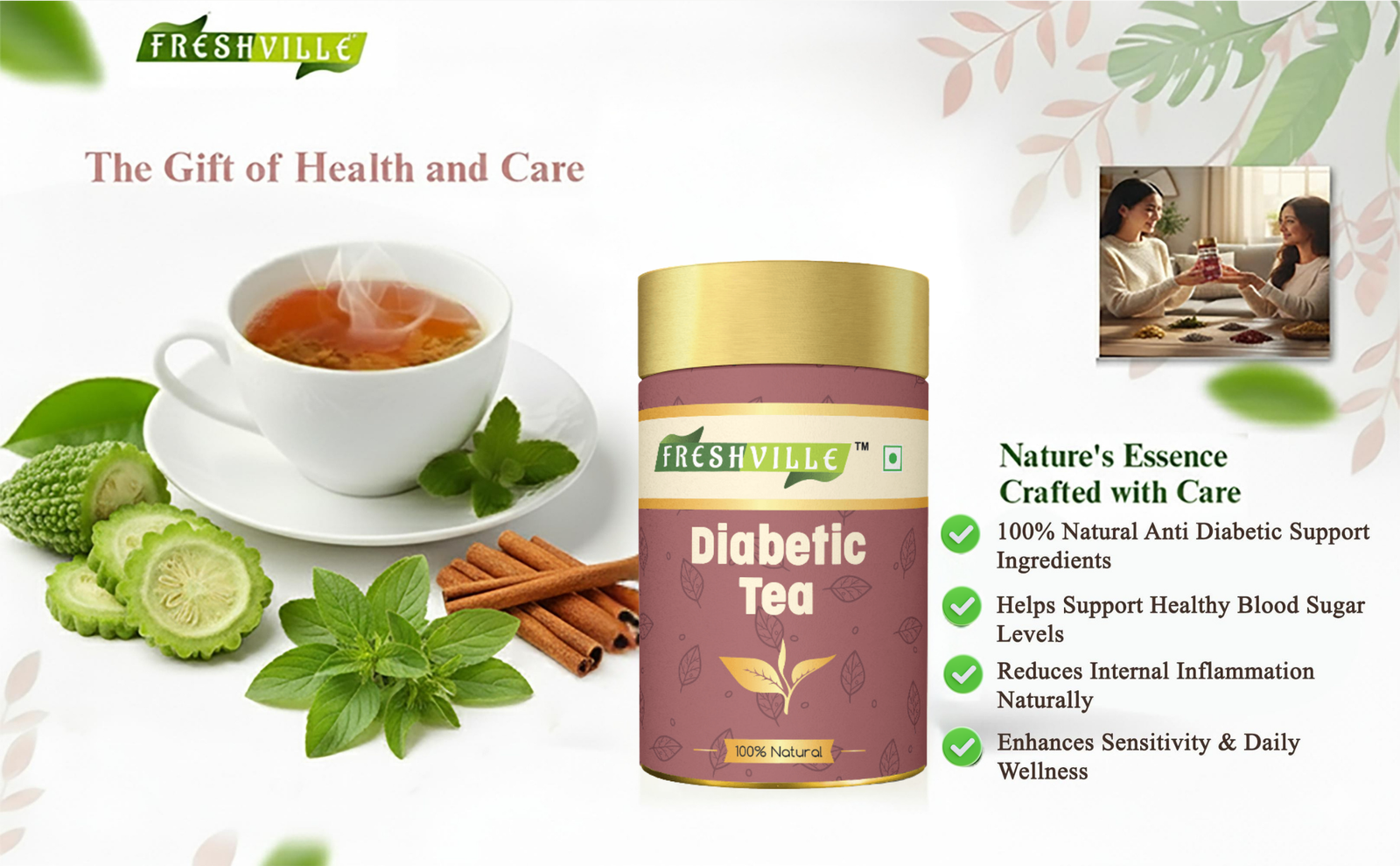 Freshville Anti Diabetic Tea | Control Blood Sugar level with herbs Turmeric, Tamarind, Karela, Tulsi, Cinnamon, Gurmar , 50gm