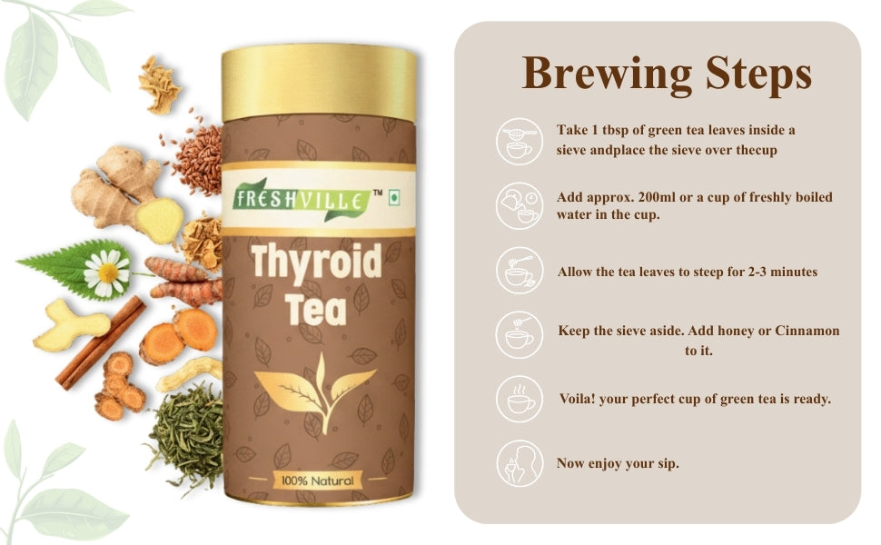 Freshville Thyroid Tea | Helps With Thyroid Support (Tsh T3 T4) | Ashwagandha, Turmeric, Liquorice, Nittle, Cinnamon, Ginger, Chamomile, Flax Seed, 100gm