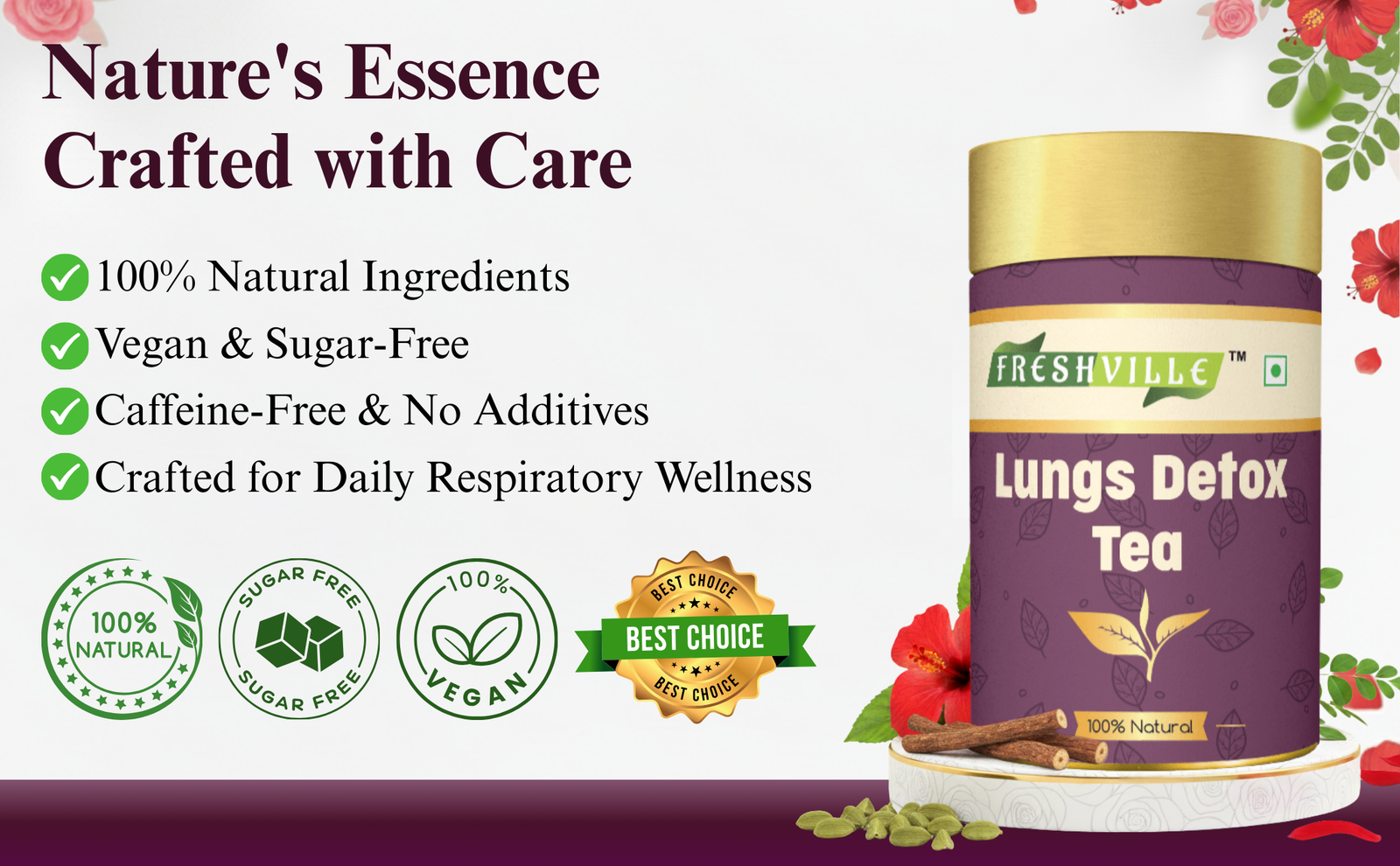 Freshville Lungs Detox Tea | Helps Quit Smoking And Clean Lungs with Herbs Moringa, Rose Petals, Peppermint, Lemongrass, Hibiscus, Cinnamon, Mulethi, Tulsi, Fenugreek, Ginger, Green Tea 45 month