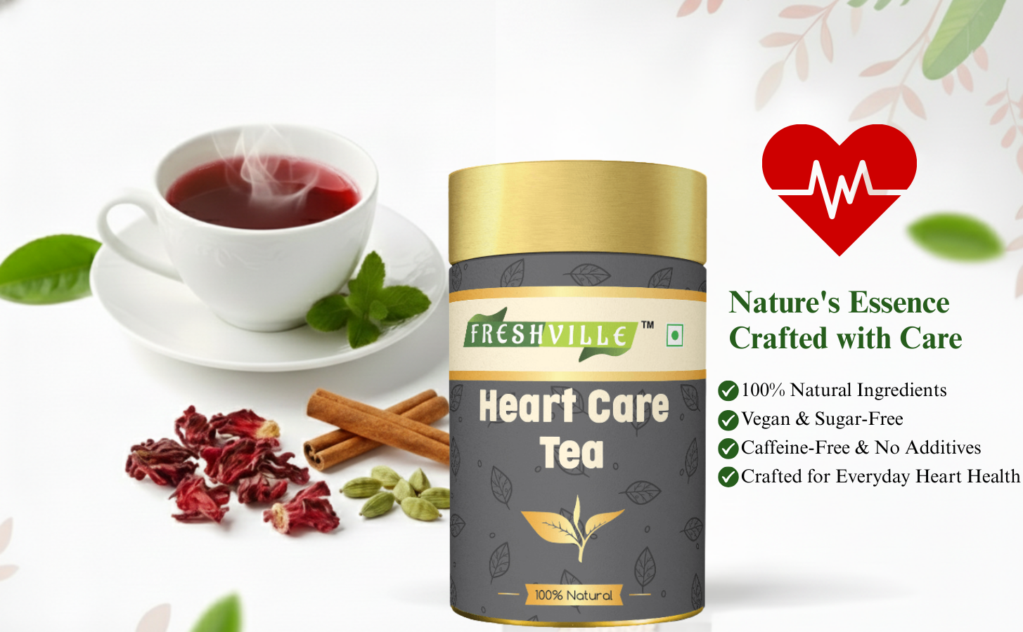 Freshville Heart Care Tea | Controls Blood Pressure with herbs Tulsi, Cardamom, Cinnamon, and Hibiscus , 45 Dayj