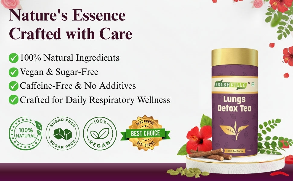 Freshville Lungs Detox Tea | Helps Quit Smoking And Clean Lungs with Herbs Moringa, Rose Petals, Peppermint, Lemongrass, Hibiscus, Cinnamon, Mulethi, Tulsi, Fenugreek, Ginger, Green Tea, 3 month