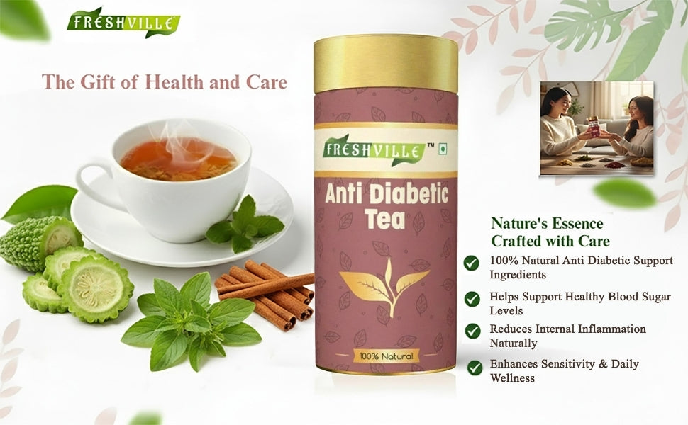 Freshville Anti Diabetic Tea | Control Blood Sugar level with herbs Turmeric, Tamarind, Karela, Tulsi, Cinnamon, Gurmar , 3 month