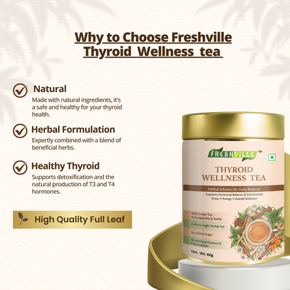 ஃப்ரெஷ்வில் தைராய்டு வெல்னஸ் டீ | தைராய்டு ஆதரவுக்கான மூலிகை கலவை | இயற்கை, காஃபின் இல்லாதது | வளர்சிதை மாற்றம், ஹார்மோன் சமநிலை மற்றும் நச்சு நீக்கத்தை ஆதரிக்கிறது | பிரீமியம் லூஸ் லீஃப் டீ
