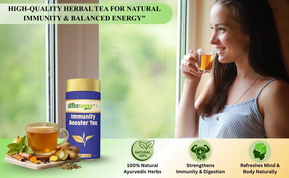 Freshville Immunity Tea - Immunity Booster Tea With Herbs Turmeric, Cinnamon, Ginger, Clove, Ashwagandha, Mintfennel, Moringa, Tulsi, Giloy, Amla, Green Tea, 100gm