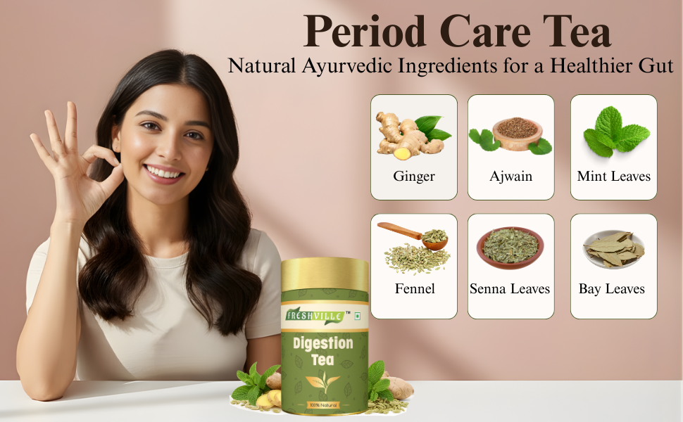 Freshville Digestion Tea | Improves Digestion, Bloating, Gas and Acidity relief with Herbs Ginger, Fennel, Ajwain, Mint, Senna leaves, Rose petals, Bay leaves, Green tea, 50 gm