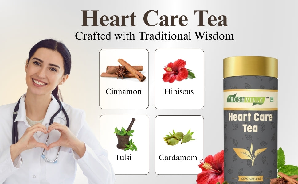 Freshville Heart Care Tea | Controls Blood Pressure with herbs Tulsi, Cardamom, Cinnamon, and Hibiscus , 3 month