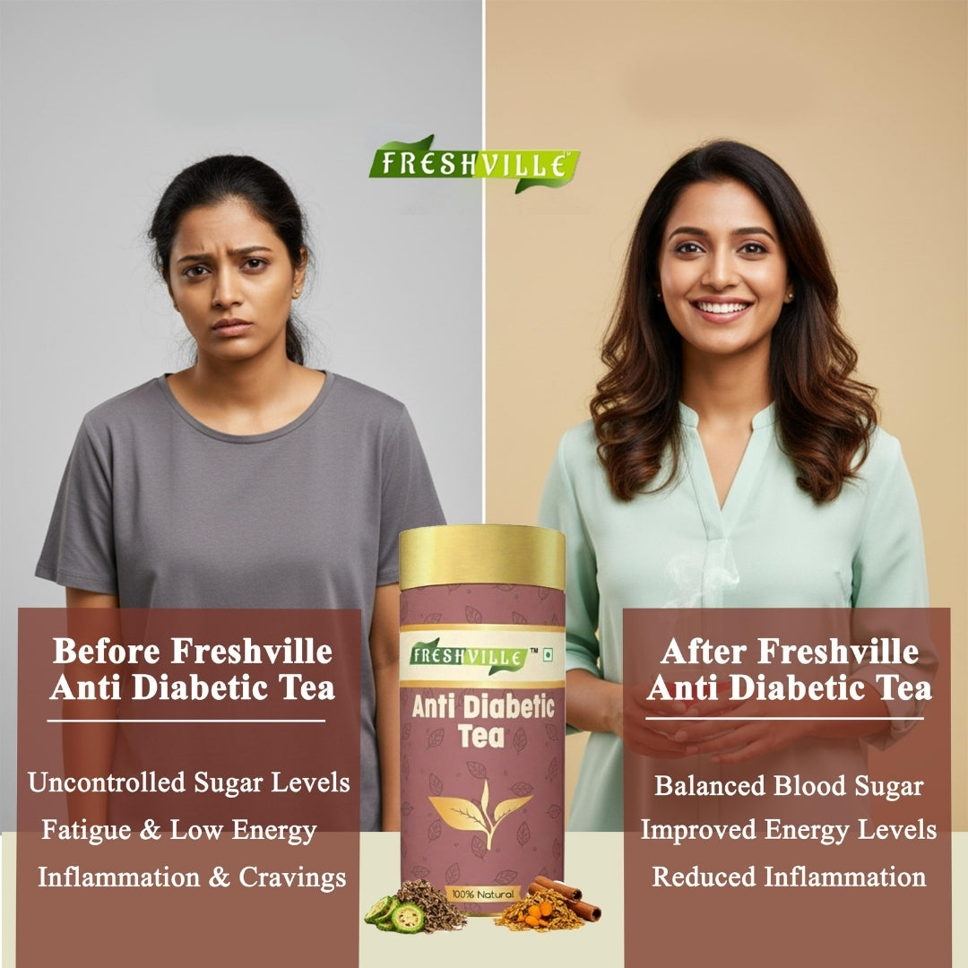 Freshville Anti Diabetic Tea | Control Blood Sugar level with herbs Turmeric, Tamarind, Karela, Tulsi, Cinnamon, Gurmar , 3 month