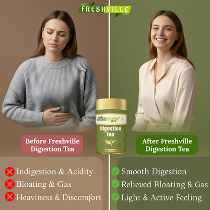 Freshville Digestion Tea | Improves Digestion, Bloating, Gas and Acidity relief with Herbs Ginger, Fennel, Ajwain, Mint, Senna leaves, Rose petals, Bay leaves, Green tea, 50 gm