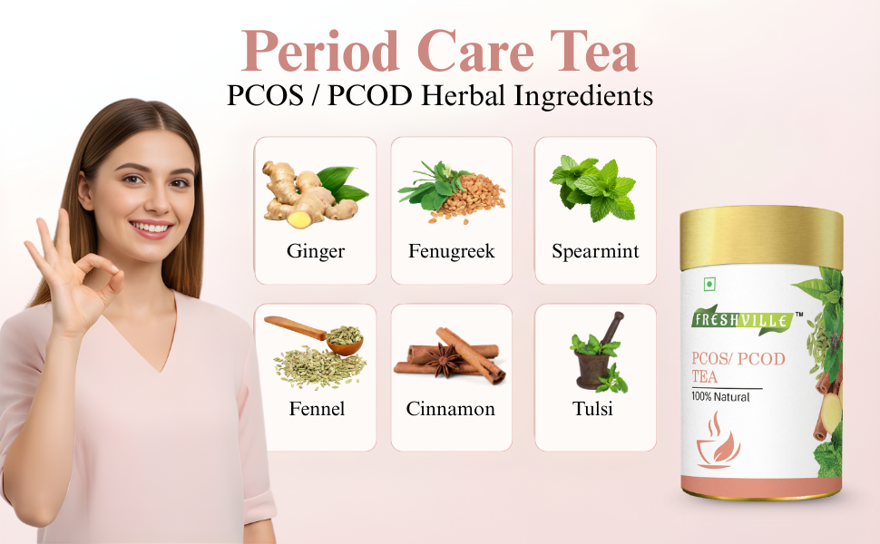Freshville PCOS PCOD Tea | Regularizes period cycle with herbs Ginger, Fenugreek, Spearmint, Cinnamon, Fennel, Tulsi, Lodhra, Ashoka 50gm