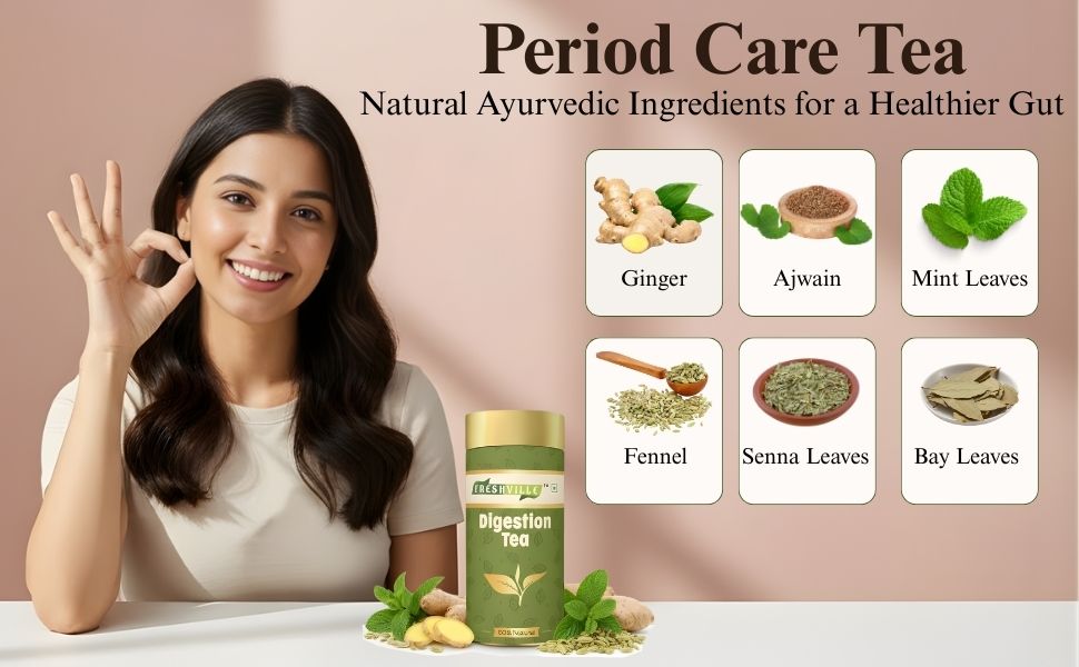 Freshville Digestion Tea | Improves Digestion, Bloating, Gas and Acidity relief with Herbs Ginger, Fennel, Ajwain, Mint, Senna leaves, Rose petals, Bay leaves, Green tea, 100gm