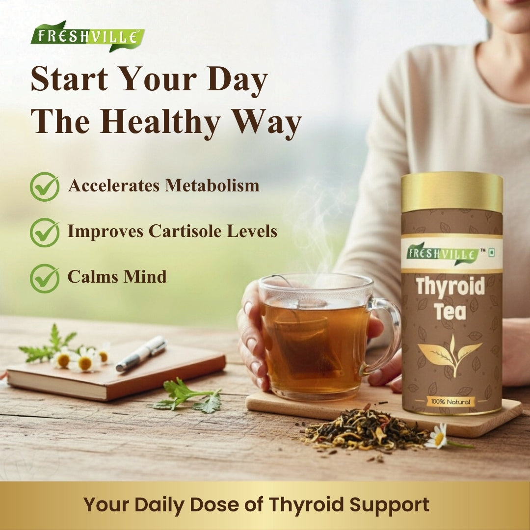 Freshville Thyroid Tea | Helps With Thyroid Support (Tsh T3 T4) | Ashwagandha, Turmeric, Liquorice, Nittle, Cinnamon, Ginger, Chamomile, Flax Seed, 100gm