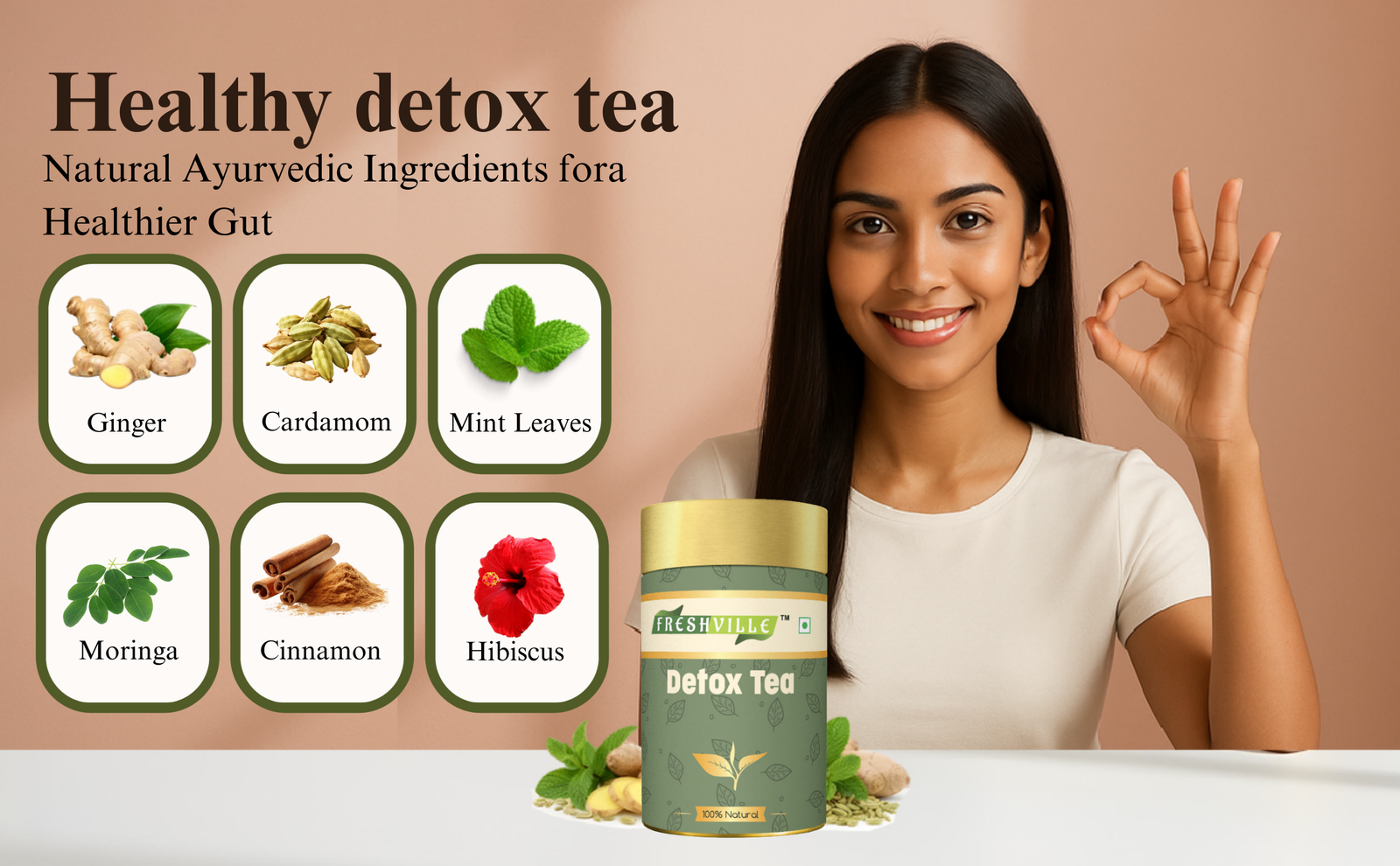 Freshville Detox Tea | Detoxify Body with herbs Peppermint, Lemongrass, Hibiscus, Cardamom, Cinnamon, Green Tea, 50gm