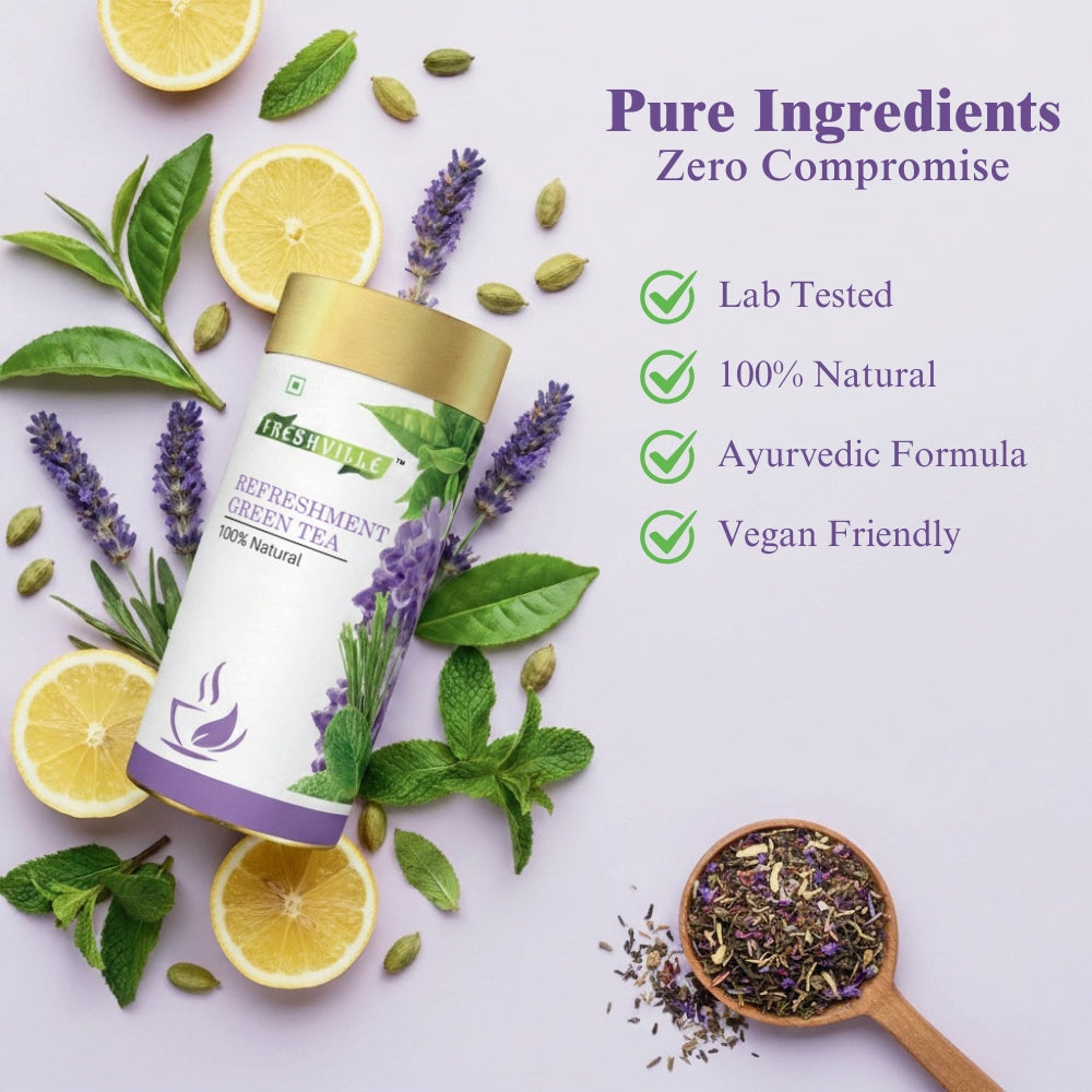 Freshville Refreshment Green Tea| Antioxidant, Stress Relief & Good Sleep | Peppermint, Lemon, Lemongrass, Green Tea, Lavender, 100gm