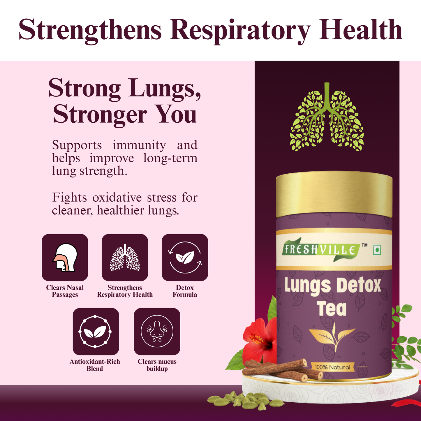 Freshville Lungs Detox Tea | Helps Quit Smoking And Clean Lungs with Herbs Moringa, Rose Petals, Peppermint, Lemongrass, Hibiscus, Cinnamon, Mulethi, Tulsi, Fenugreek, Ginger, Green Tea 45 month