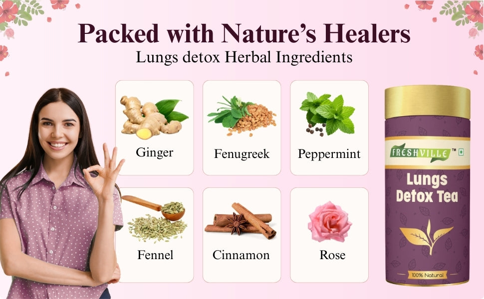 Freshville Lungs Detox Tea | Helps Quit Smoking And Clean Lungs with Herbs Moringa, Rose Petals, Peppermint, Lemongrass, Hibiscus, Cinnamon, Mulethi, Tulsi, Fenugreek, Ginger, Green Tea, 3 month