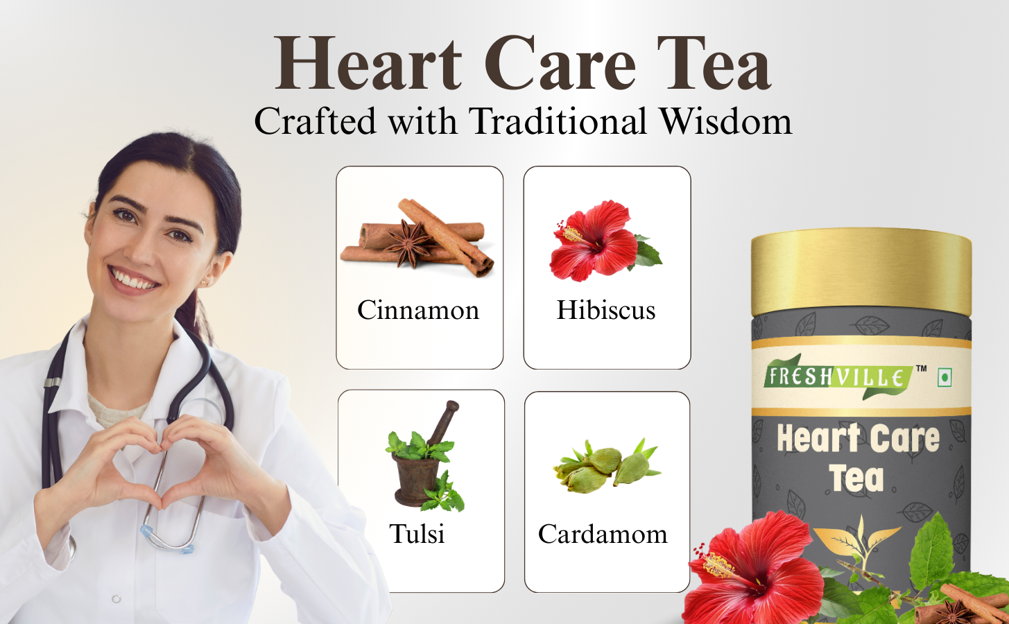 Freshville Heart Care Tea | Controls Blood Pressure with herbs Tulsi, Cardamom, Cinnamon, and Hibiscus , 45 Dayj