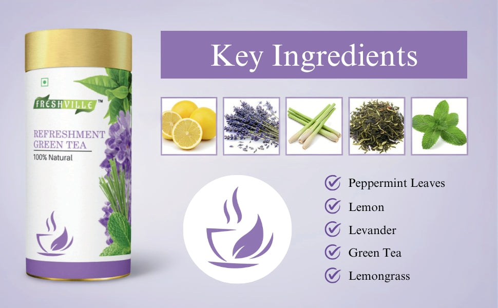 Freshville Refreshment Green Tea|  Antioxidant, Stress Relief & Good Sleep | Peppermint, Lemon, Lemongrass, Green Tea, Lavender