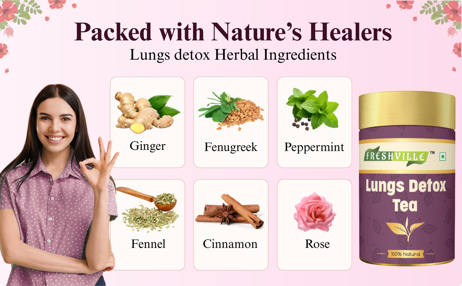 Freshville Lungs Detox Tea | Helps Quit Smoking And Clean Lungs with Herbs Moringa, Rose Petals, Peppermint, Lemongrass, Hibiscus, Cinnamon, Mulethi, Tulsi, Fenugreek, Ginger, Green Tea 45 month