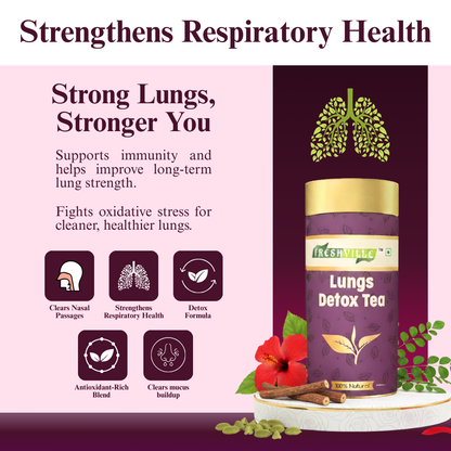 Freshville Lungs Detox Tea | Helps Quit Smoking And Clean Lungs with Herbs Moringa, Rose Petals, Peppermint, Lemongrass, Hibiscus, Cinnamon, Mulethi, Tulsi, Fenugreek, Ginger, Green Tea, 3 month