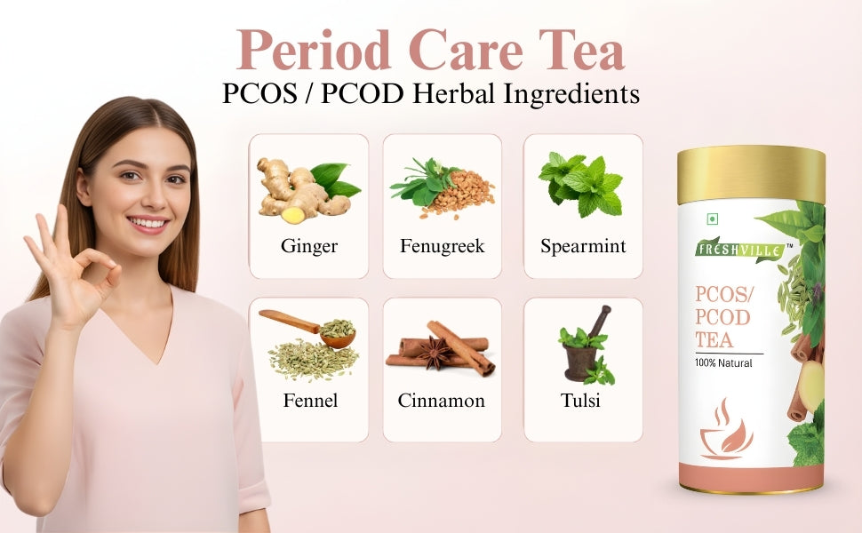 Freshville PCOS PCOD Tea | Regularizes period cycle with herbs Ginger, Fenugreek, Spearmint, Cinnamon, Fennel, Tulsi, Lodhra, Ashoka 100 Gm