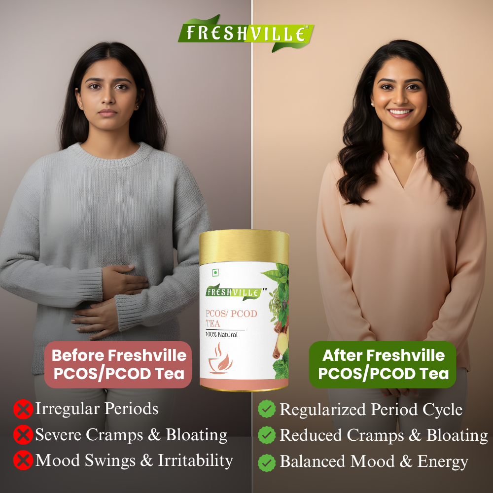 Freshville PCOS PCOD Tea | Regularizes period cycle with herbs Ginger, Fenugreek, Spearmint, Cinnamon, Fennel, Tulsi, Lodhra, Ashoka 50gm