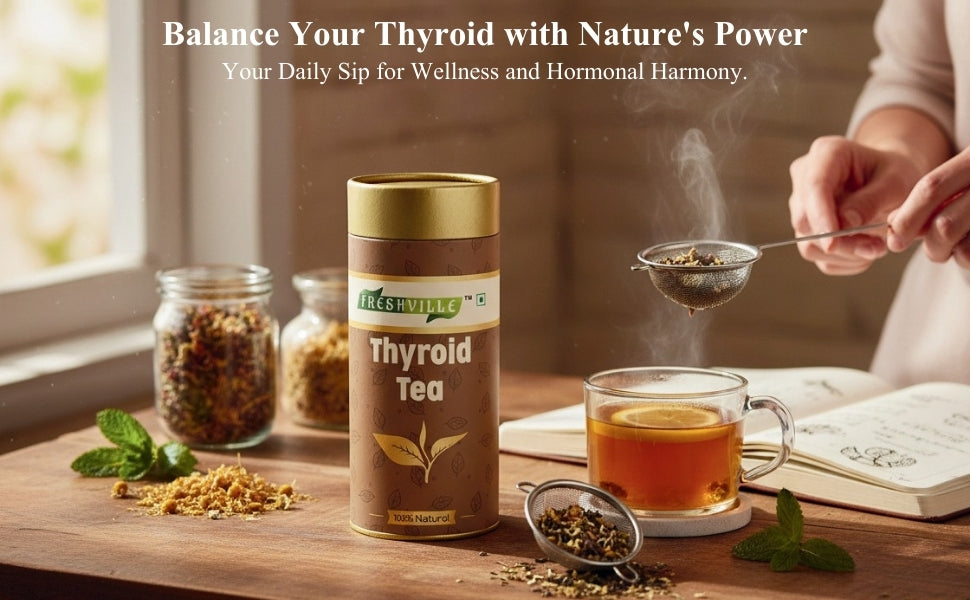 Freshville Thyroid Tea | Helps With Thyroid Support (Tsh T3 T4) | Ashwagandha, Turmeric, Liquorice, Nittle, Cinnamon, Ginger, Chamomile, Flax Seed, 100gm