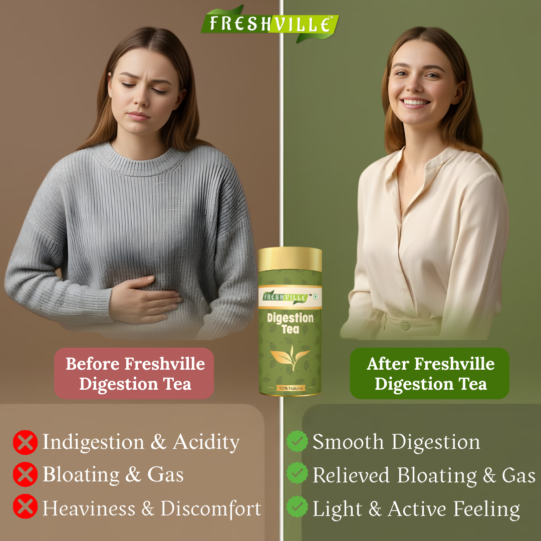 Freshville Digestion Tea | Improves Digestion, Bloating, Gas and Acidity relief with Herbs Ginger, Fennel, Ajwain, Mint, Senna leaves, Rose petals, Bay leaves, Green tea, 100gm