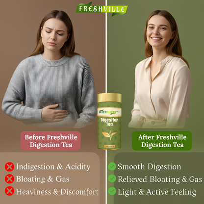 Freshville Digestion Tea | Improves Digestion, Bloating, Gas and Acidity relief with Herbs Ginger, Fennel, Ajwain, Mint, Senna leaves, Rose petals, Bay leaves, Green tea, 100gm