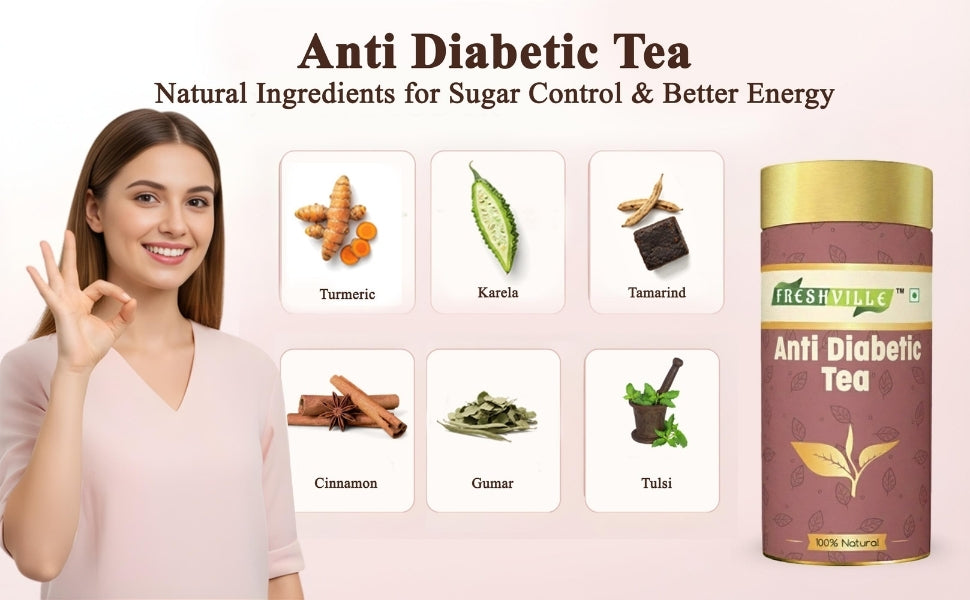Freshville Anti Diabetic Tea | Control Blood Sugar level with herbs Turmeric, Tamarind, Karela, Tulsi, Cinnamon, Gurmar , 3 month