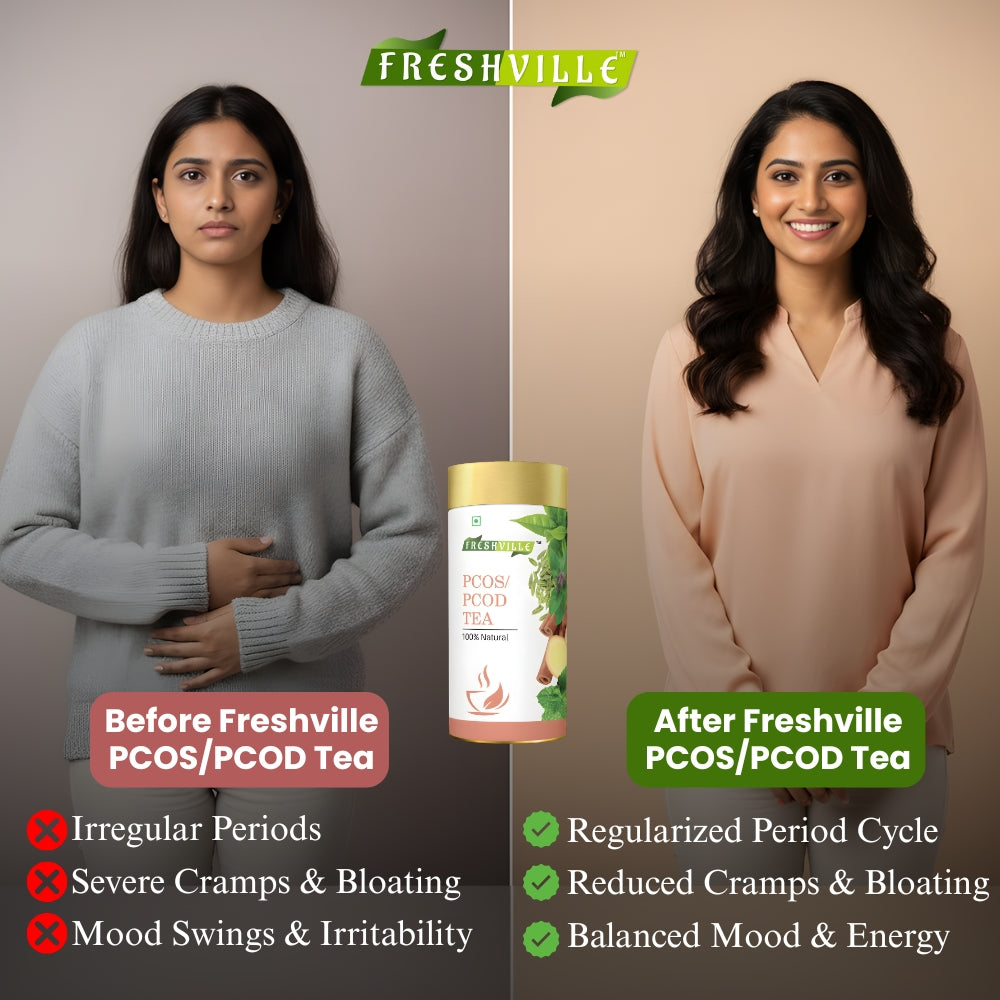 Freshville PCOS PCOD Tea | Regularizes period cycle with herbs Ginger, Fenugreek, Spearmint, Cinnamon, Fennel, Tulsi, Lodhra, Ashoka 100 Gm