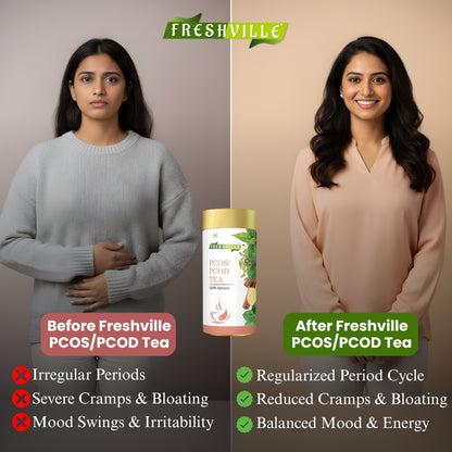 Freshville PCOS PCOD Tea | Regularizes period cycle with herbs Ginger, Fenugreek, Spearmint, Cinnamon, Fennel, Tulsi, Lodhra, Ashoka 100 Gm