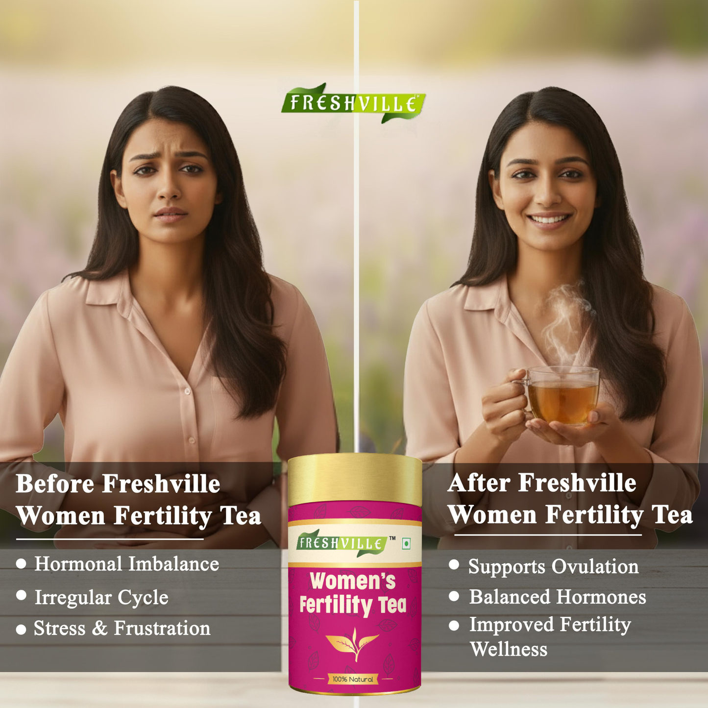 ஃப்ரெஷ்வில் பெண்கள் கருவுறுதல் தேநீர் | ஹார்மோன் சமநிலை, மூலிகைகள் மூலம் கருவுறுதலை அதிகரிக்கும் வெந்தயம், தொட்டால் எரிச்சலூட்டுகிற ஒருவகை செடி, இலவங்கப்பட்டை, இஞ்சி, துளசி, வெந்தயம், புதினா, ஷட்டாவரி, முருங்கை