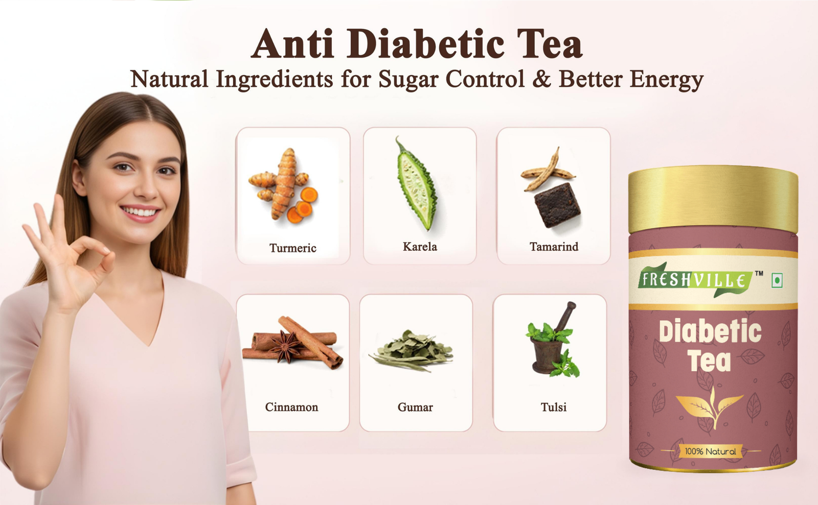Freshville Anti Diabetic Tea | Control Blood Sugar level with herbs Turmeric, Tamarind, Karela, Tulsi, Cinnamon, Gurmar , 50gm
