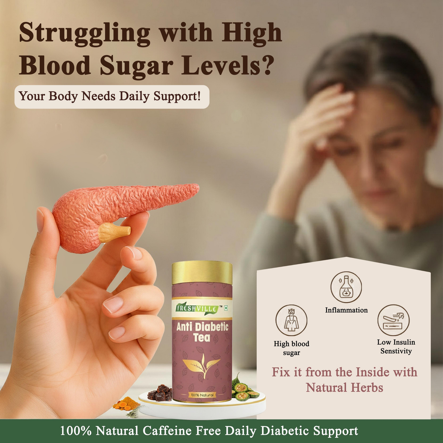Freshville Anti Diabetic Tea | Control Blood Sugar level with herbs Turmeric, Tamarind, Karela, Tulsi, Cinnamon, Gurmar , 50gm
