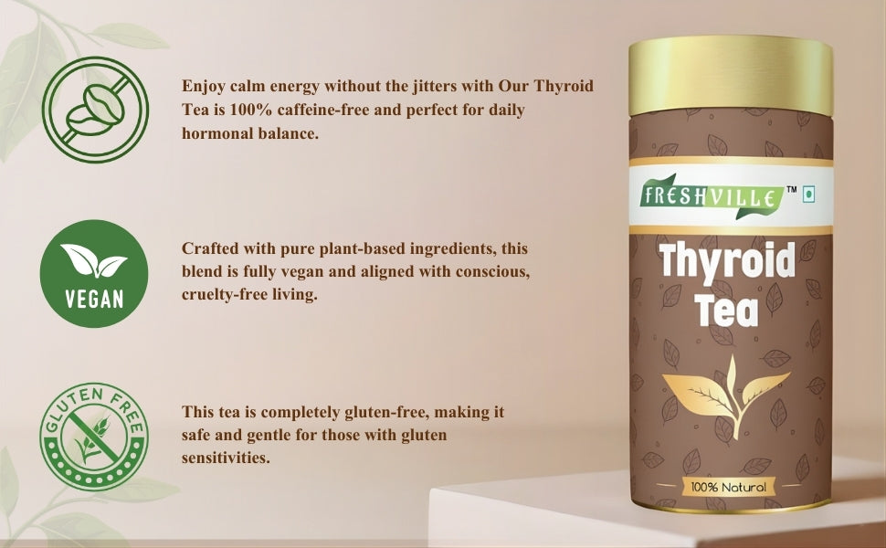 Freshville Thyroid Tea | Helps With Thyroid Support (Tsh T3 T4) | Ashwagandha, Turmeric, Liquorice, Nittle, Cinnamon, Ginger, Chamomile, Flax Seed, 100gm