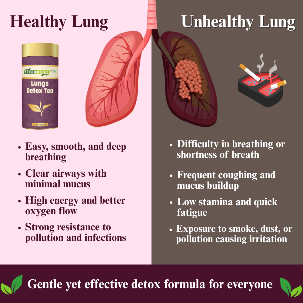 Freshville Lungs Detox Tea | Helps Quit Smoking And Clean Lungs with Herbs Moringa, Rose Petals, Peppermint, Lemongrass, Hibiscus, Cinnamon, Mulethi, Tulsi, Fenugreek, Ginger, Green Tea, 3 month