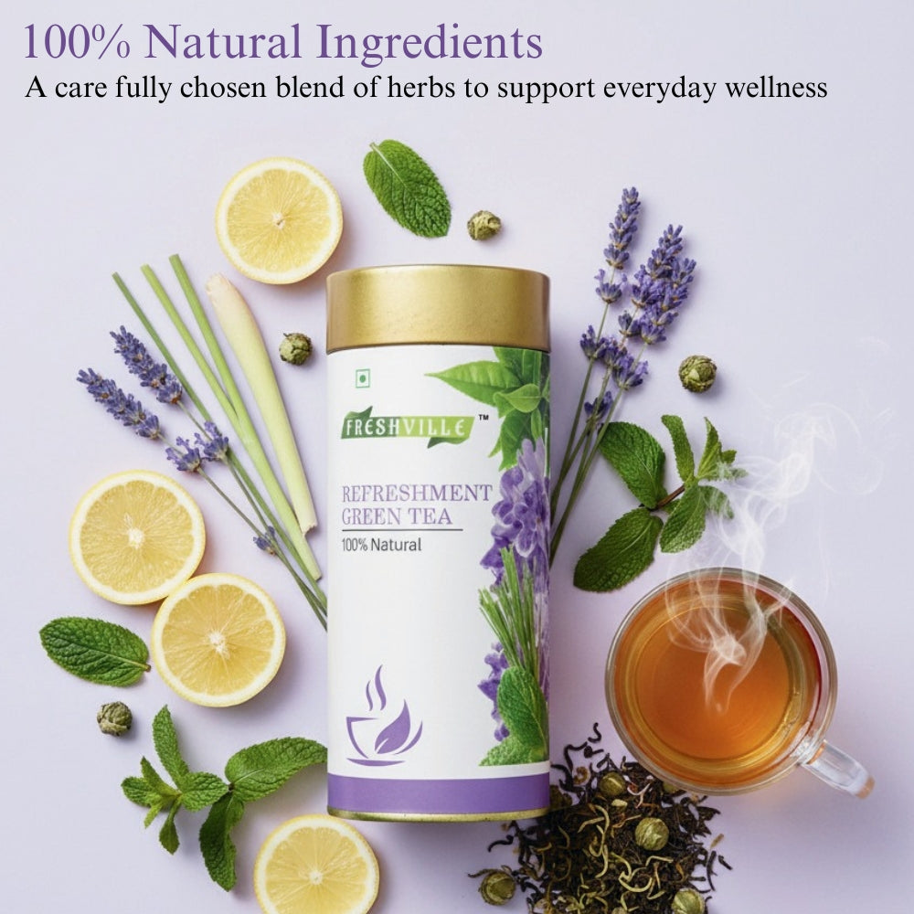Freshville Refreshment Green Tea| Antioxidant, Stress Relief & Good Sleep | Peppermint, Lemon, Lemongrass, Green Tea, Lavender, 100gm
