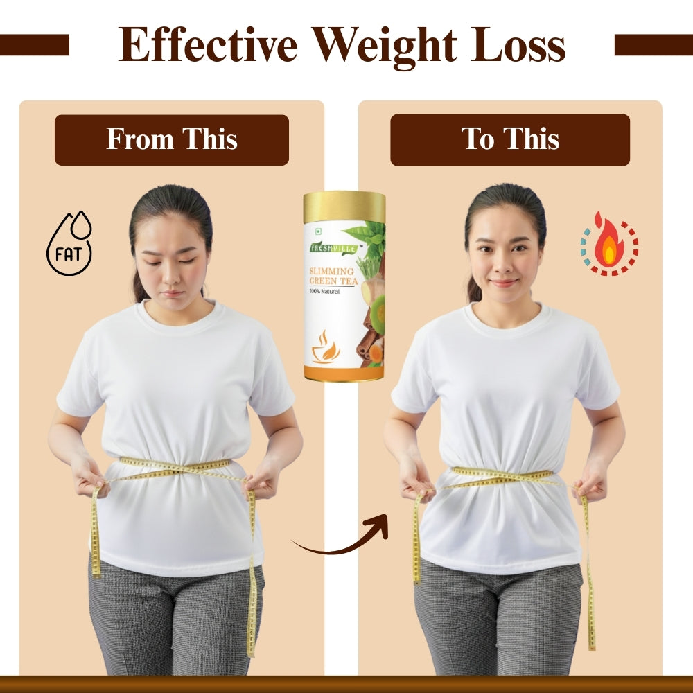 Freshville Slimming Green Tea | Burn Fat Easily with Herbs Garcinia, Cinnamon, Ginger, Lemongrass, Turmeric, Green tea, Senna leaf , 100gm