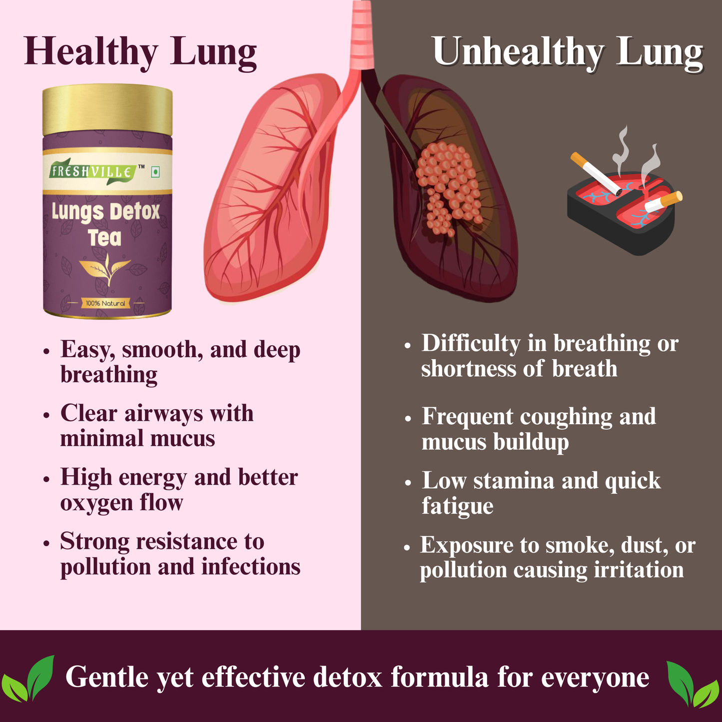 Freshville Lungs Detox Tea | Helps Quit Smoking And Clean Lungs with Herbs Moringa, Rose Petals, Peppermint, Lemongrass, Hibiscus, Cinnamon, Mulethi, Tulsi, Fenugreek, Ginger, Green Tea 45 month