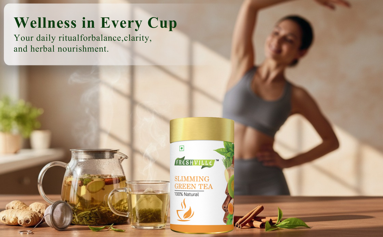 Freshville Slimming Green Tea | Burn Fat Easily with Herbs Garcinia, Cinnamon, Ginger, Lemongrass, Turmeric, Green tea, Senna leaf , 50gm