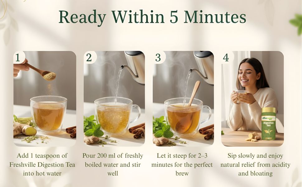 Freshville Digestion Tea | Improves Digestion, Bloating, Gas and Acidity relief with Herbs Ginger, Fennel, Ajwain, Mint, Senna leaves, Rose petals, Bay leaves, Green tea, 100gm