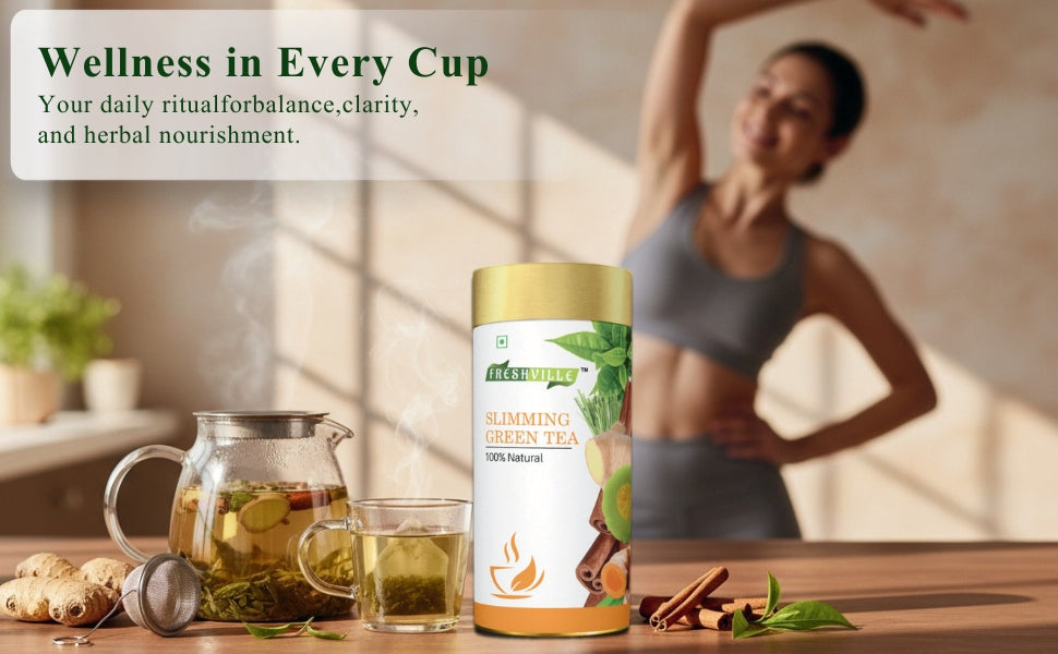 Freshville Slimming Green Tea | Burn Fat Easily with Herbs Garcinia, Cinnamon, Ginger, Lemongrass, Turmeric, Green tea, Senna leaf , 100gm