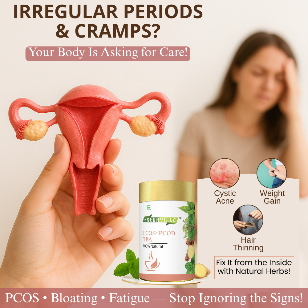 Freshville PCOS PCOD Tea | Regularizes period cycle with herbs Ginger, Fenugreek, Spearmint, Cinnamon, Fennel, Tulsi, Lodhra, Ashoka 50gm