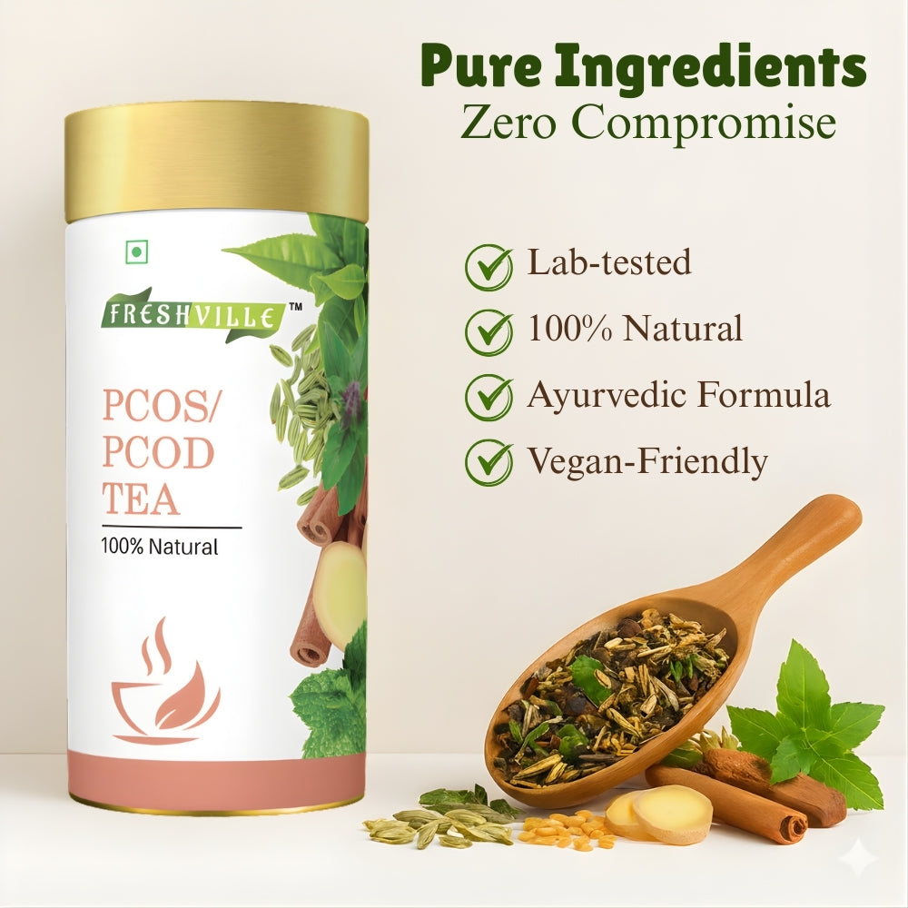 Freshville PCOS PCOD Tea | Regularizes period cycle with herbs Ginger, Fenugreek, Spearmint, Cinnamon, Fennel, Tulsi, Lodhra, Ashoka 100 Gm