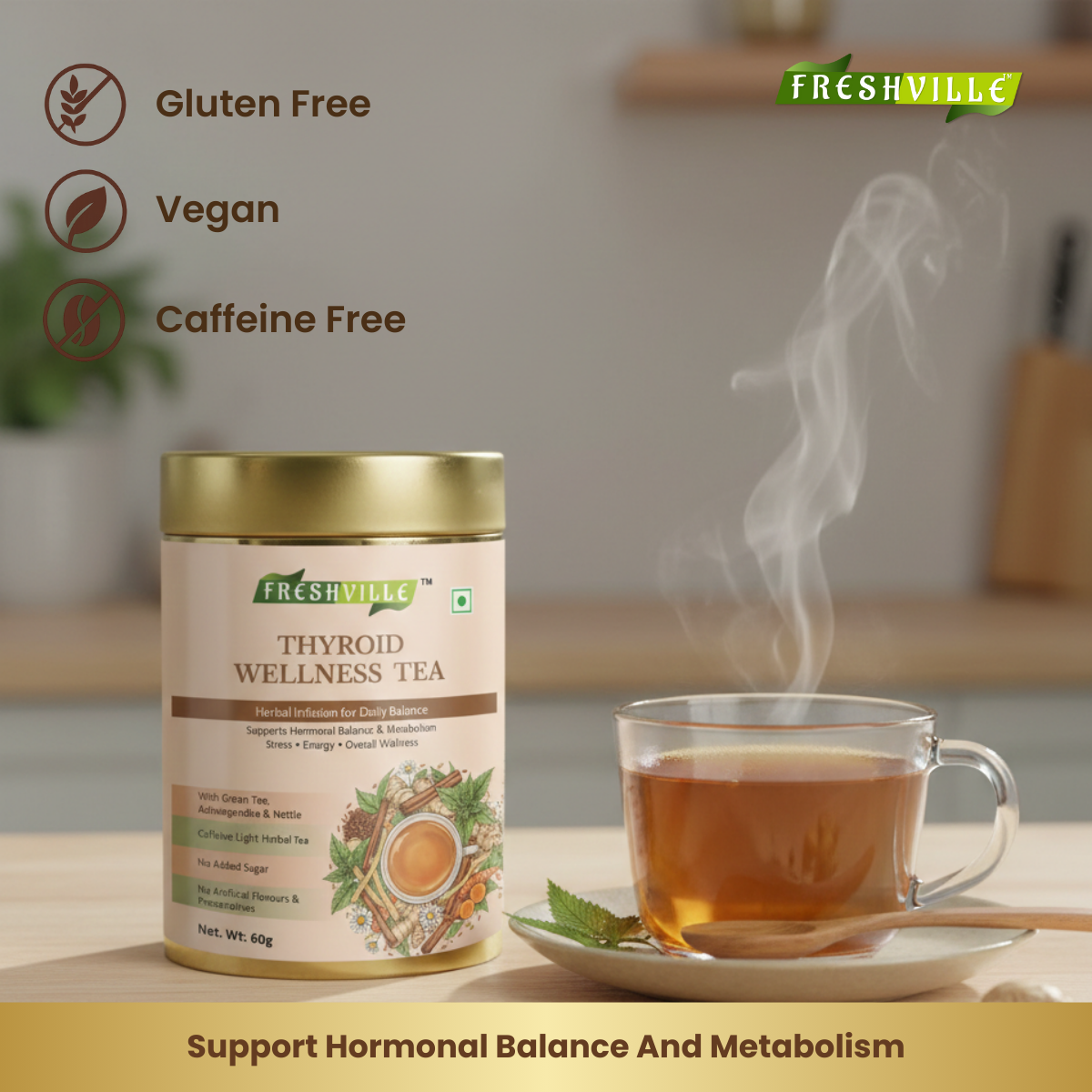 ஃப்ரெஷ்வில் தைராய்டு வெல்னஸ் டீ | தைராய்டு ஆதரவுக்கான மூலிகை கலவை | இயற்கை, காஃபின் இல்லாதது | வளர்சிதை மாற்றம், ஹார்மோன் சமநிலை மற்றும் நச்சு நீக்கத்தை ஆதரிக்கிறது | பிரீமியம் லூஸ் லீஃப் டீ
