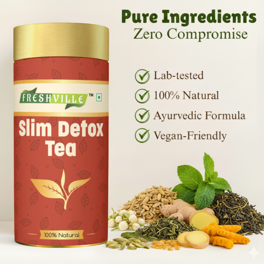 Freshville Slim Detox Tea | Slim Down & Detoxify Body wiith Herbs Cardamom, Fennel, Ginger, Green Tea, Jasmine, Lemongrass, Liquorice, Mint, Tulsi, and Turmeric.