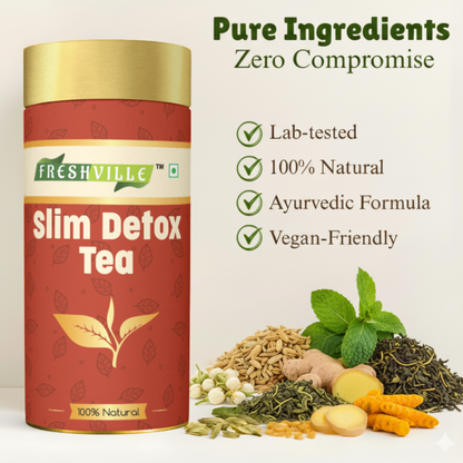Freshville Slim Detox Tea | Slim Down & Detoxify Body wiith Herbs Cardamom, Fennel, Ginger, Green Tea, Jasmine, Lemongrass, Liquorice, Mint, Tulsi, and Turmeric.