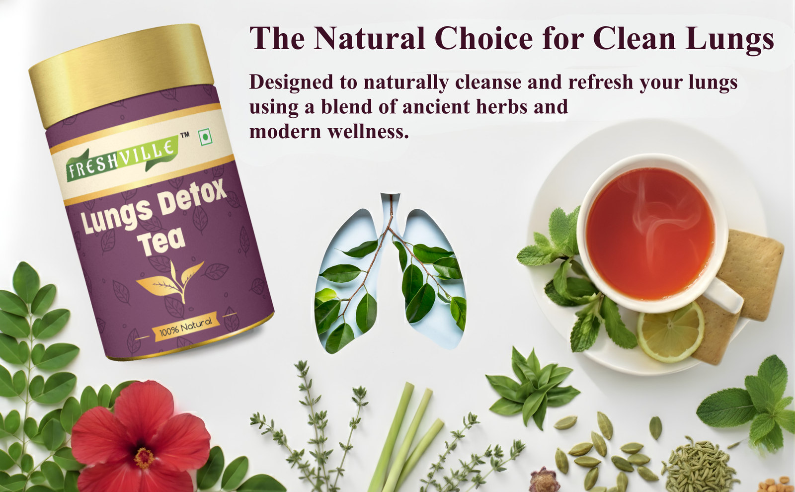 Freshville Lungs Detox Tea | Helps Quit Smoking And Clean Lungs with Herbs Moringa, Rose Petals, Peppermint, Lemongrass, Hibiscus, Cinnamon, Mulethi, Tulsi, Fenugreek, Ginger, Green Tea 45 month